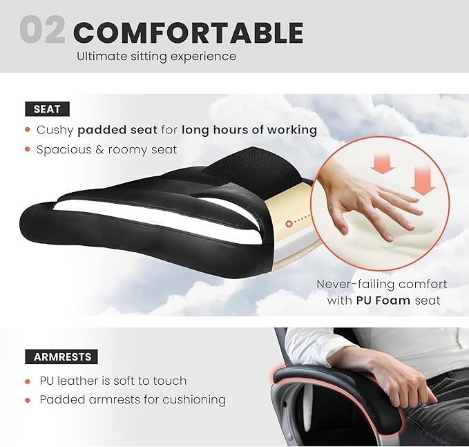 NEO CHAIR Office Desk Ergonomic Gaming Chair High Back Adjustable Computer Chair with Wheels and Lumbar Support Comfy Leather Executive Swivel (Black)