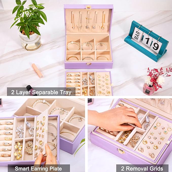 Voova Jewelry Box Organizer for Women Girls, 2 Layer Large Men Jewelry Storage Case, PU Leather Display Jewellery Holder with Removable Tray for Necklace Earrings Rings Bracelets,Vintage Gift,Lavender