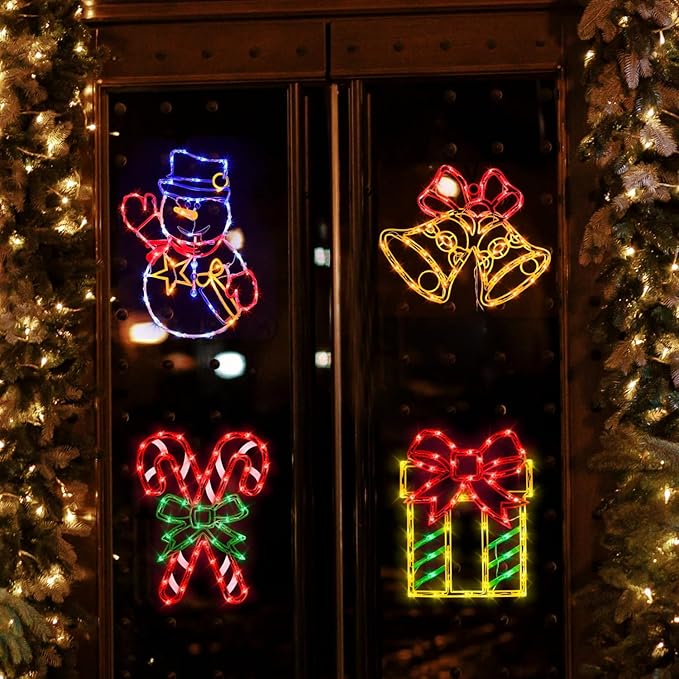 Christmas Decorations - 16" Christmas Window Silhouette Lights - 4 Pack Colour Lighted Gift Box ＆ Snowman ＆ Candy Cane ＆ Bell for Holiday Indoor and Outdoor Wall Door Window Decorate