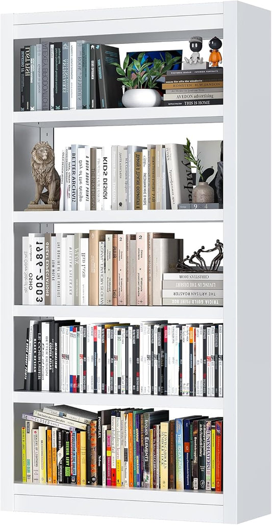 Metal Bookshelf, 5-Tier Bookcase, Modern Bookshelves with Adjustable Shelves, White Bookshelf for Home Office, Living Room, Garage, Small Space Living