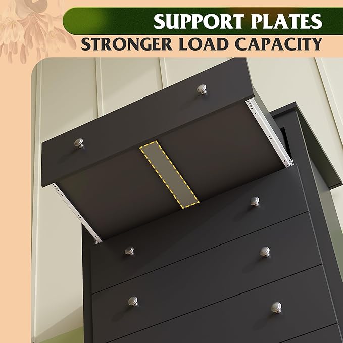 WLIVE Wood Dresser with 5 Drawers, Black Wooden Storage Cabinet, Organizer Drawers for Bedroom, Living Room, Hallway, Measuring 15.75" W * 31.50" D * 45.35" H ﻿