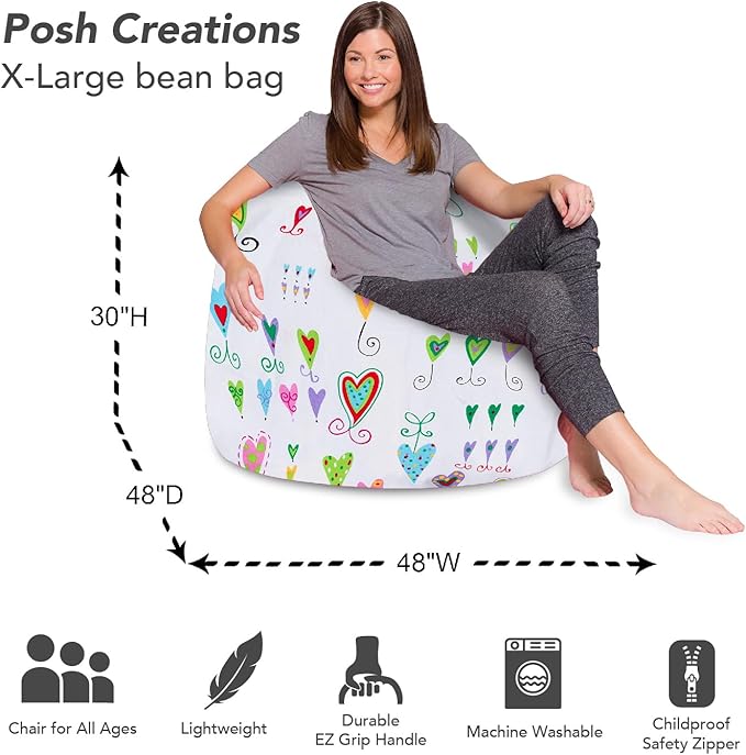 Posh Creations Bean Bag Chair for Kids, Teens, and Adults Includes Removable and Machine Washable Cover, Canvas Multi-Colored Hearts on White, 48in - X-Large