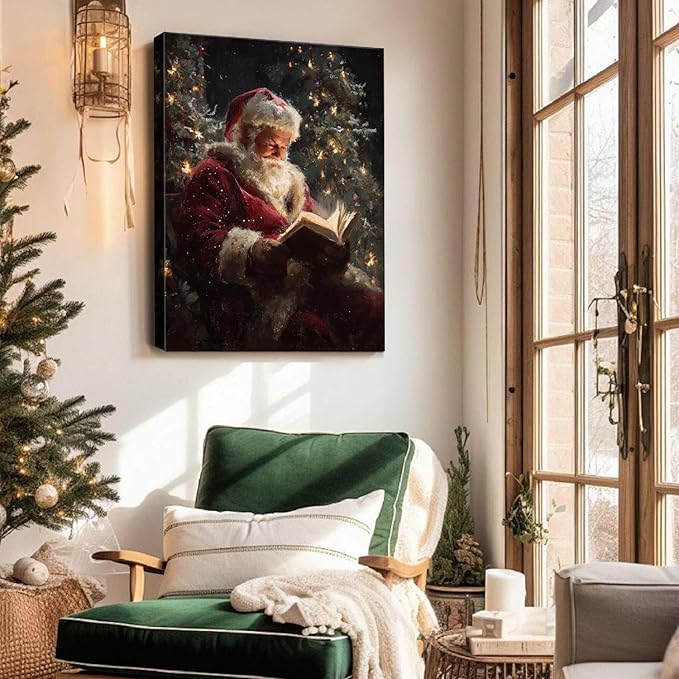 Vintage Santa Claus Reading Canvas Wall Art - Rustic Framed Christmas Canvas Prints for Living Room, Cozy Winter Wall Decor, Ideal Christmas Gifts & Festive Decorations