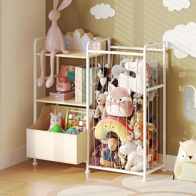 BBLIKE Stuffed Animal Storage - Stuffed Animal Net with Kids Bookshelf and Toy Organizer, 2-Tier White Bookshelf with Stuffed Animal Holder and Fabric Toy Chest for Kids Room, Playroom, Nursery, Beige