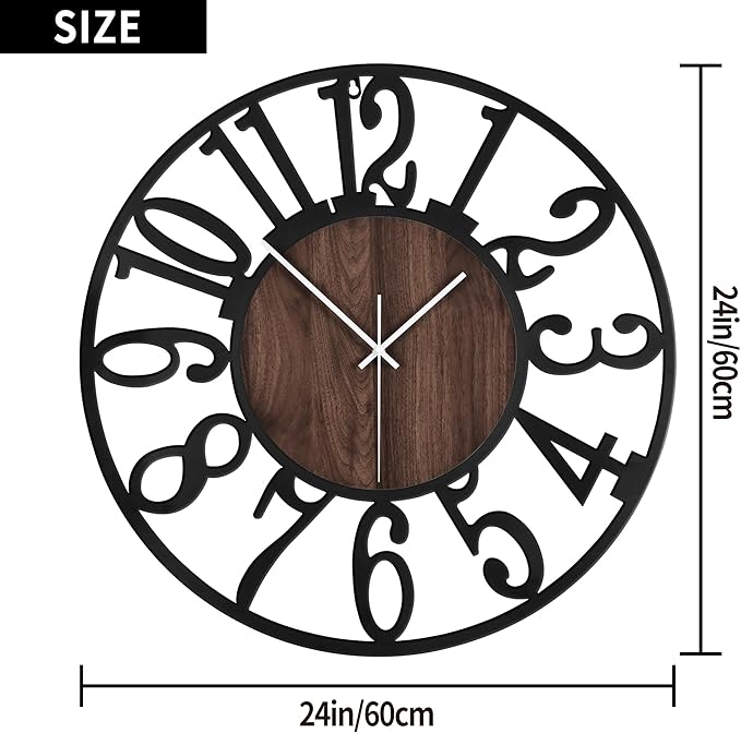 LEIKE Large Wall Clocks for Living Room,Silent,Non Ticking,Battery Operated Oversized Vintage Round Modern Wood Wall Clock for Bedroom,Farmhouse,Office Home Decor-24 Inch(Black-Arabic Number)