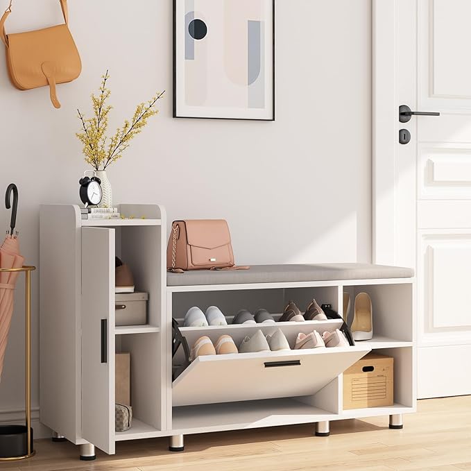Maupvit Shoe Storage Bench with Flip Drawer Shoe Cabinet, 8 Adjustable Metal Feet, White