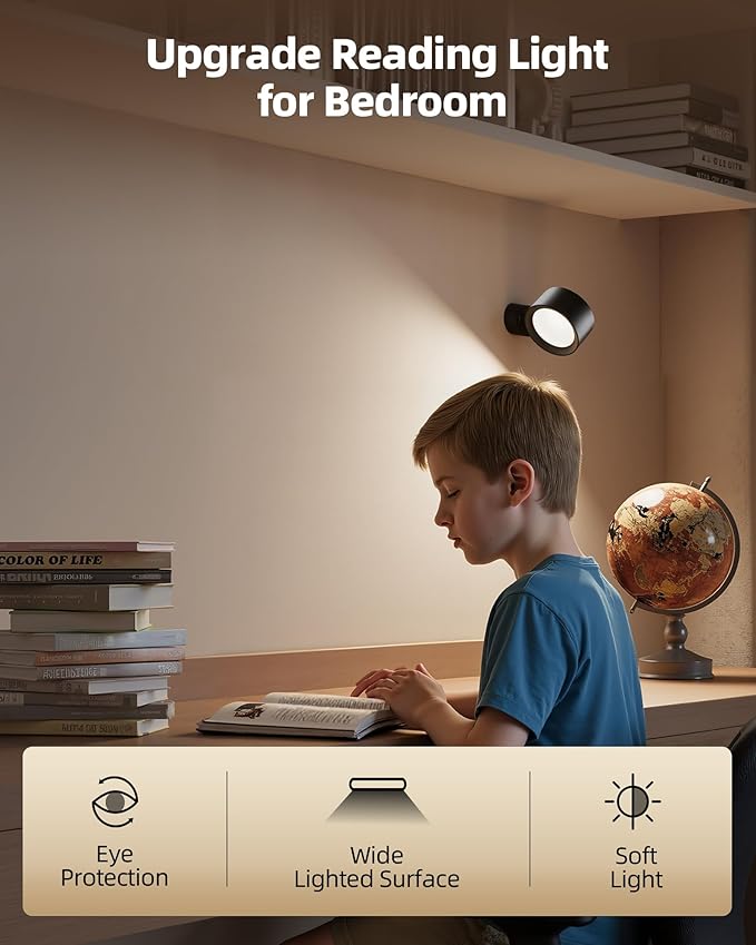 LED Wall Mounted Lights, Rechargeable Wall Sconces with Remote & Touch Control, 3 Color Temperatures 360° Rotation Dimmable Cordless Wall Light for Bedroom Study Reading Bedside (Black, 3 Pack)