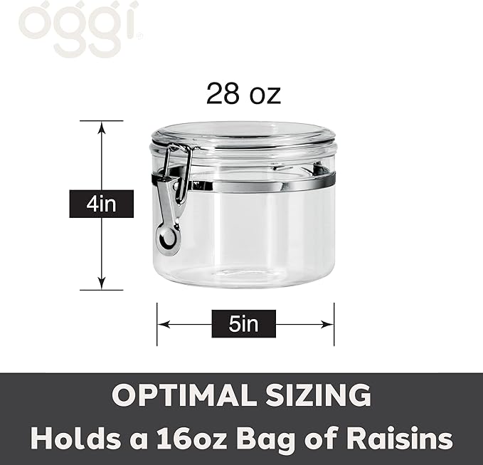 Oggi Clear Canister with Clamp Lid, 28 oz - Large Airtight Food Storage Container, for Kitchen & Pantry Storage of Bulk, Dry Foods Including Pasta, Flour, Sugar, Coffee, Rice, Tea, Spices & Herbs
