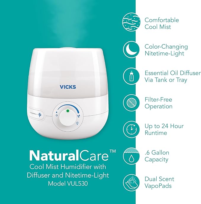 Vicks NaturalCare Cool Mist Ultrasonic Humidifier (VUL530), White, Small Room – Humidifier and Diffuser with Nighttime Light, Works with Vicks VapoPads
