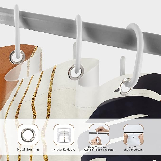 Glawry Boho Navy Brown Shower Curtain Modern Mid Century Abstract Tropical Palm Leaf Bathroom Minimalist Geometric Arch 60Wx72L Inches Bath Accessories Art Home Decor Fabric 12 Pack Hooks