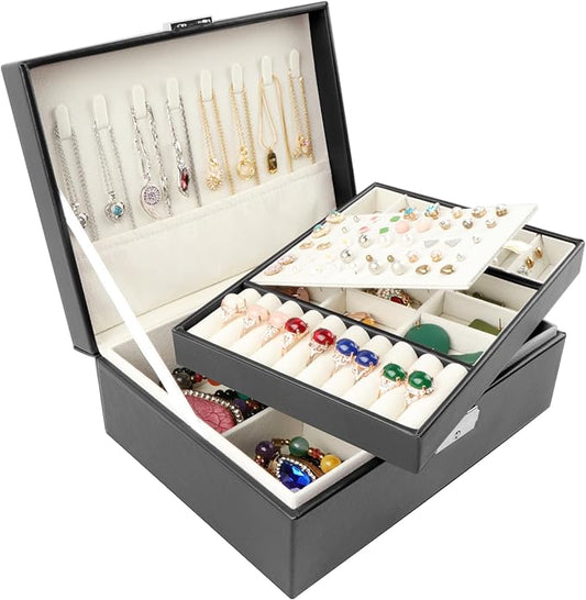 Homeanda Jewelry box 2 layer Jewelry box Leather Jewelry boxes for Women Girls Teens Jewelry organizer box Jewelry Storage box with lock(Black)