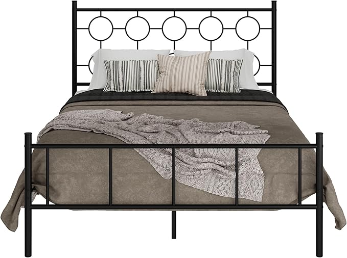 Queen Size Classic Metal Platform Bed Frame with Headboard and Footboard, Victorian Style Iron Bedframe with 12 inch of Storage Under Frame, Slat Support, No Springs Required, Easy to Assemble (Black)