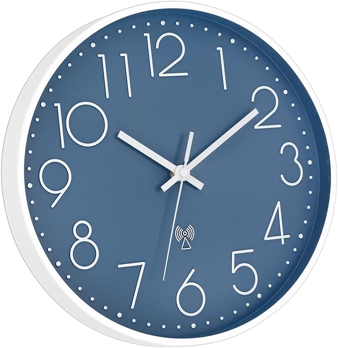 Foxtop Atomic Wall Clock Battery Operated Round Analog Modern Wall Clock Sets Automatically for Office Classroom Bedroom Kitchen Living Room (Cerulean)