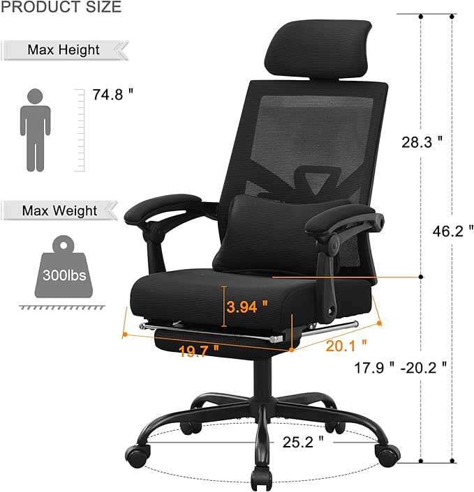 Qulomvs Ergonomic Office Chair with Footrest Home Office Desk Chair with Headrest and Backrest 90-135 Adjustable Mesh Computer Desk Chair with Wheels 360 Swivel Task Chair