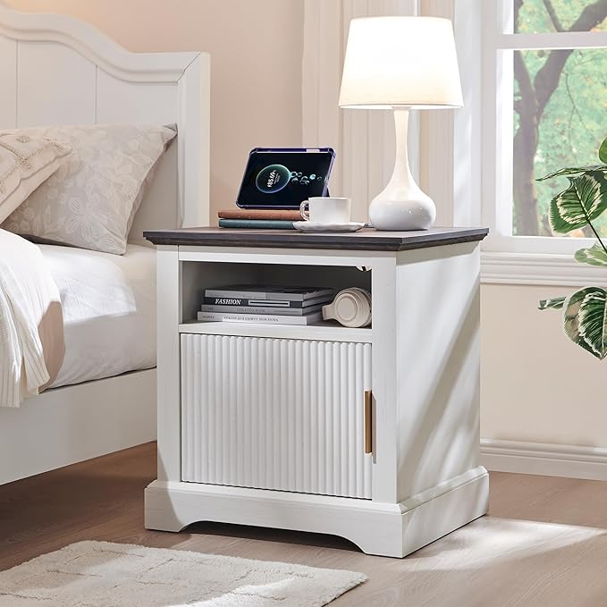 Fluted Nightstand with Charging Station, 22" Large Modern Side Table, Wood End Table w/Open Shelf & Spacious Tabletop, Bedside Table with Storage Space for Bedroom, Living Room (White)