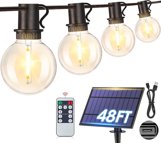 Mlambert 48FT Solar String Lights with Remote, Outdoor Waterproof Patio Lights with 18 LED Shatterproof G40 Bulbs(1 Spare) for Backyard-Black Wire