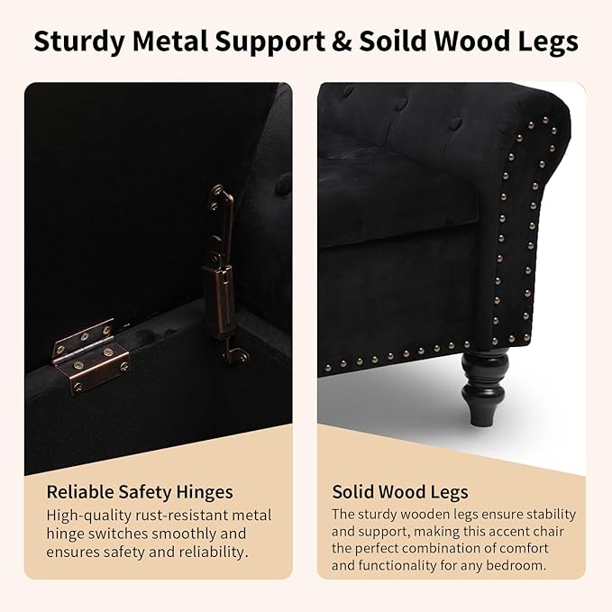 Storage Ottoman Bench with Arms, Velvet End of Bed Bench for Bedroom, Button Tufted Storage Bench for Entryway, Living Room,Hallway, Large Storage Bench Foot Rest (New Black)