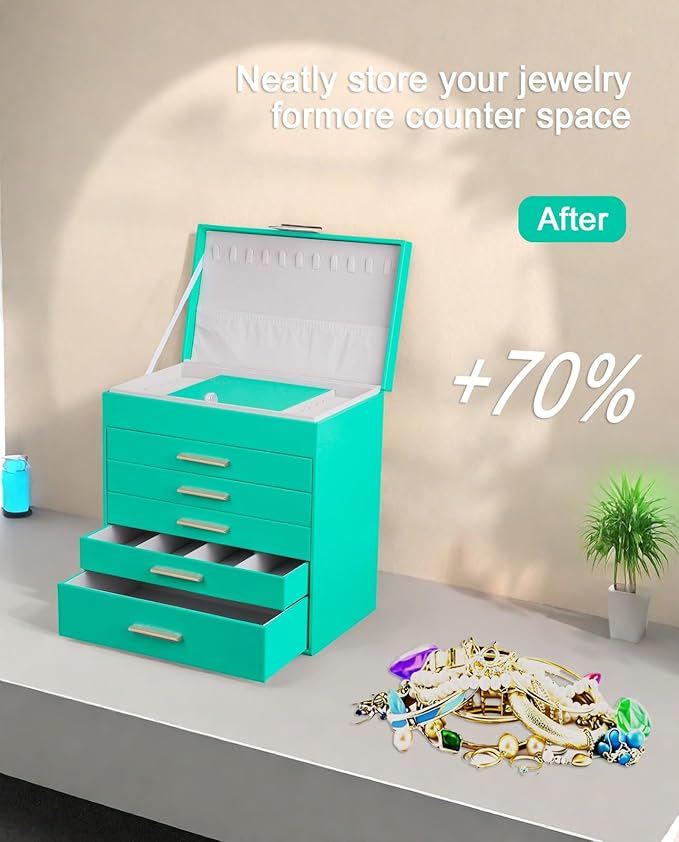BOOVO Jewelry Box with Necklace Hanger – 6 layer Jewelry Organizer for Women with 5 Drawers, Large Jewelry Storage Boxes –Jewelry Organizers and Storage for Earrings, Necklaces (Turquoise, 6 layer)