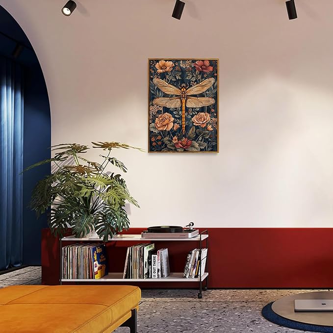 Djmwtb Framed Vintage Wall Art, Dragonfly Wall Decor,Nature Botanical Wall Art for Bedroom, Flower Pictures Paintings Canvas Artwork Prints for Living Room 16x24in