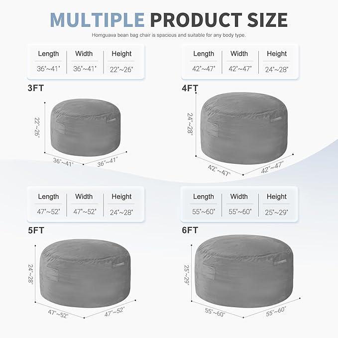 Homguava 3FT Bean Bag Chair: 3' Bean Bags with Memory Foam Filled, Large Beanbag Chairs Soft Sofa with Dutch Velet Cover-Light Grey