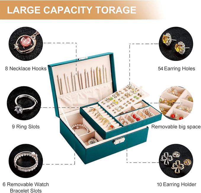 Jewelry Organizer Box Leather Jewelry Box for Girls Womens Earring Organizer with Lock Double Layers Jewelry Case Removable Tray for Necklace Earring Ring with Polishing Cloth and Jewelry Bags