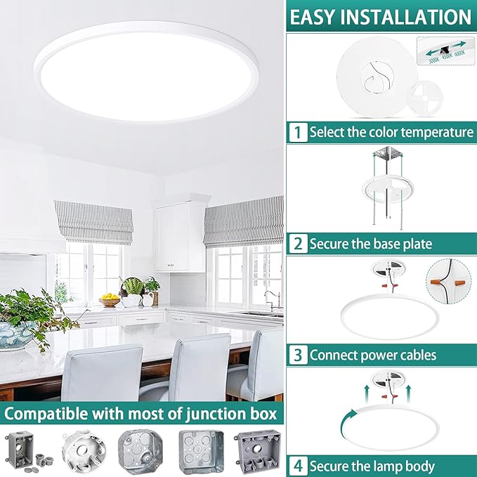 24 Inch Dimmable LED Ceiling Light Fixture, Ultra Thin Flush Mount, 48W 4800Lumen, 3 Color Changeable, Round, White, for Dining Room, Living Room, Bedroom, Office, Hotel