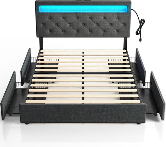 Rolanstar Full Size Bed Frame with Charging Station and LED Lights, Upholstered Bed with Adjustable Headboard and 4 Storage Drawers, No Box Spring Needed, Easy Assembly, Dark Gray