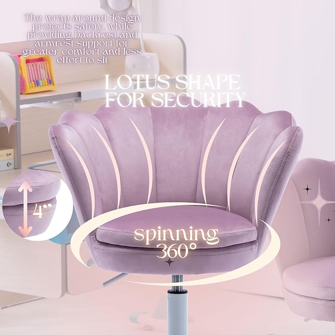 Purple Kids Desk Chair, Cute Velvet Adjustable Children Desk Chair Rolling Study Armchair Upholstered Computer Chair Shell Back 360° Swivel Vanity Chair for Teen Boys Girls Bedroom Study