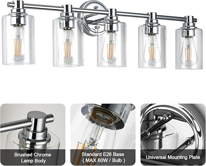 Bathroom Light Fixtures Wall Sconce Light with Clear Glass Chrome 5 Lights Bathroom Lighting Over Mirror Vanity Lights for Living Room,Bedroom,Restroom,Hallway E26 Base