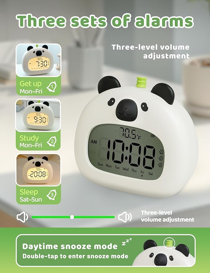 Panda Sleep Trainer Alarm Clock for Kids, LCD Night Light Dimming, USB Rechargeable, 3 Alarms Timer Wake up Helper for Boys & Girls Bedroom Decor Gifts