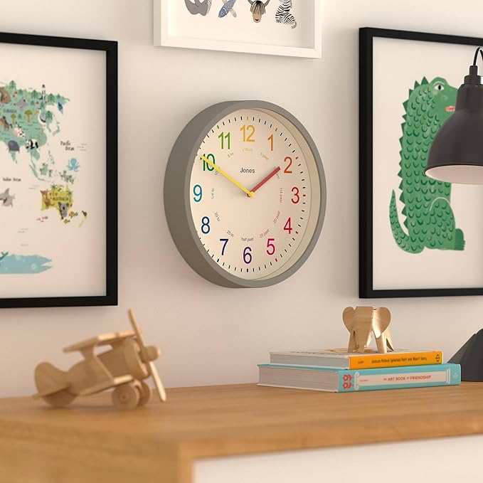 JONES CLOCKS® Kids Wall Clock | Small Modern Children’s Nursery Clock | 25cm | Gray | Colourful dial for Learning to Tell The time