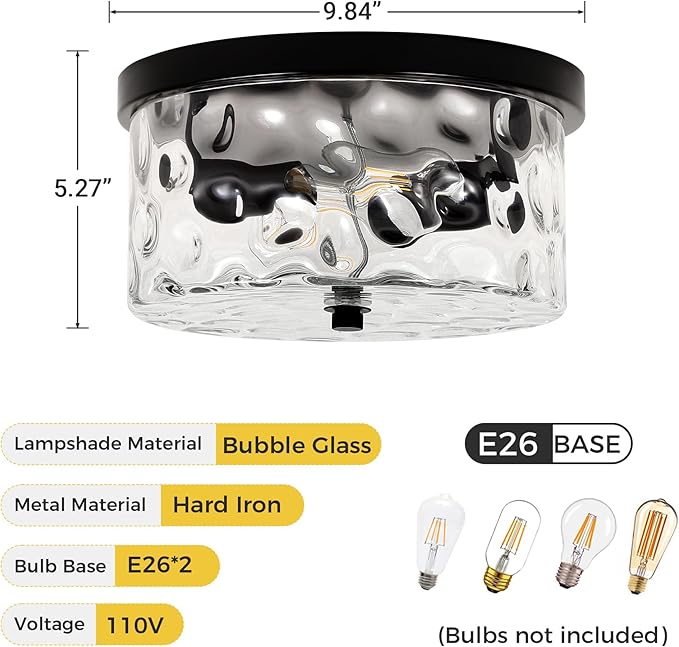 LamQee 9.8" Small Flush Mount Ceiling Light With Clear Hammered Glass, Black Hallway Light Fixtures Ceiling Mount for Bathroom, 2-Lights Farmhouse Close To Ceiling Light Kitchen Foyer Entryway Bedroom