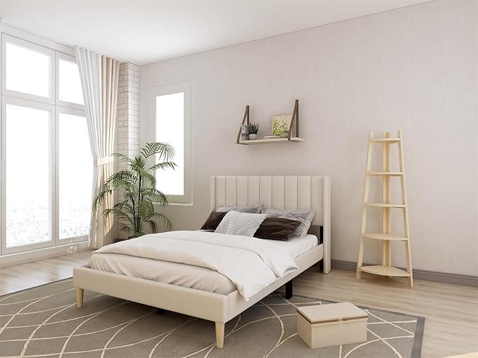 Low Profile Upholstered Platform Bed,Queen Beds with Beige(Linen)