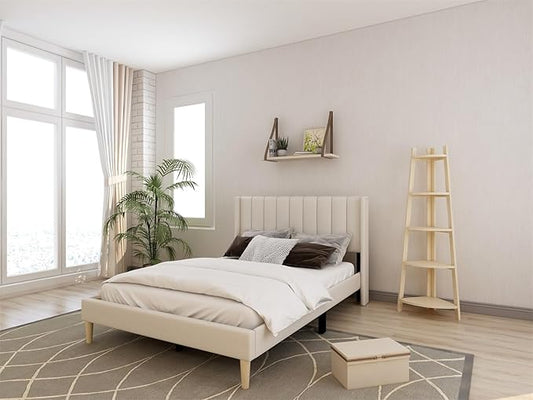 Low Profile Upholstered Platform Bed,Queen Beds with Beige(Linen)