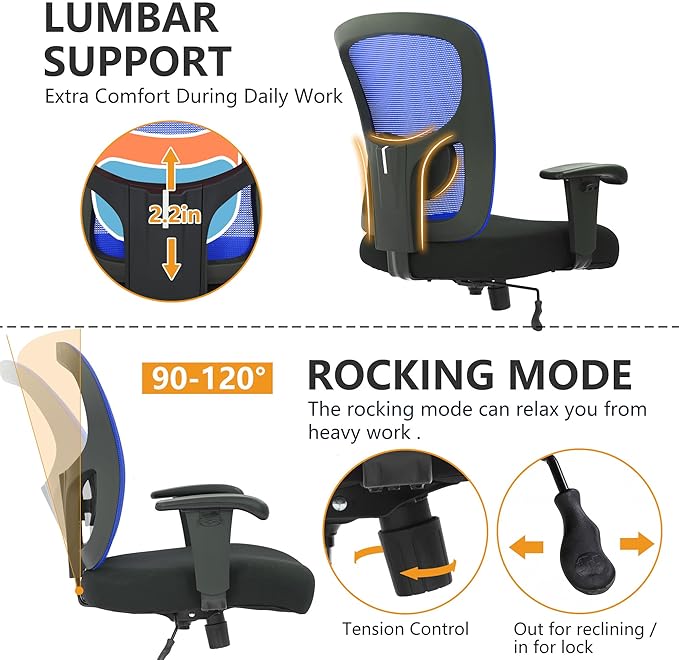 PayLessHere Ergonomic Desk Chair Office Chair Computer Chair 500lbs with Lumbar Support Wide Seat Adjust Arms Rolling Swivel High Back Task Executive Big and Tall Office Chair for Home Office，Blue