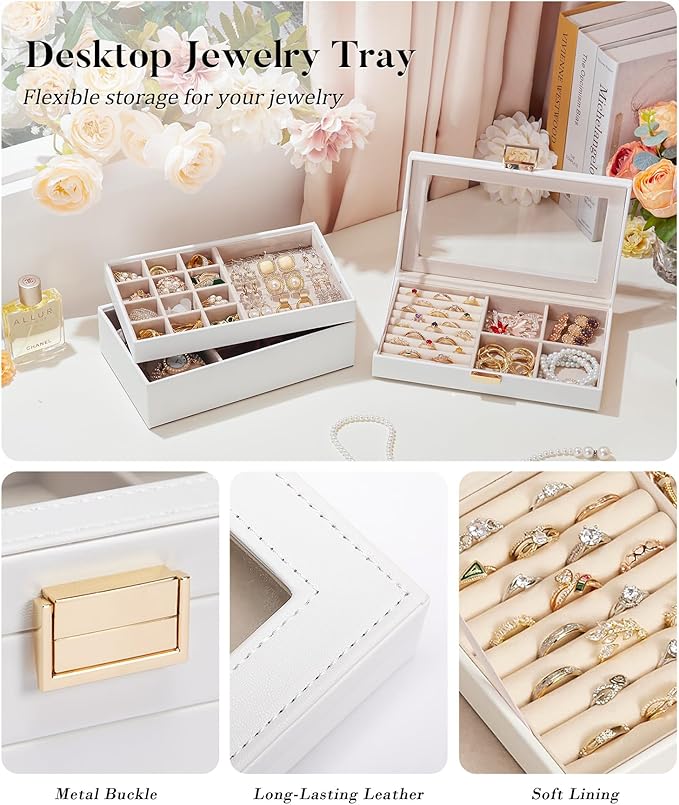 Homde Jewelry Tray Stackable Jewelry Box with Glass Lid, Removable Dividers for Vanity Table Gift Idea for Girls and Women (White)