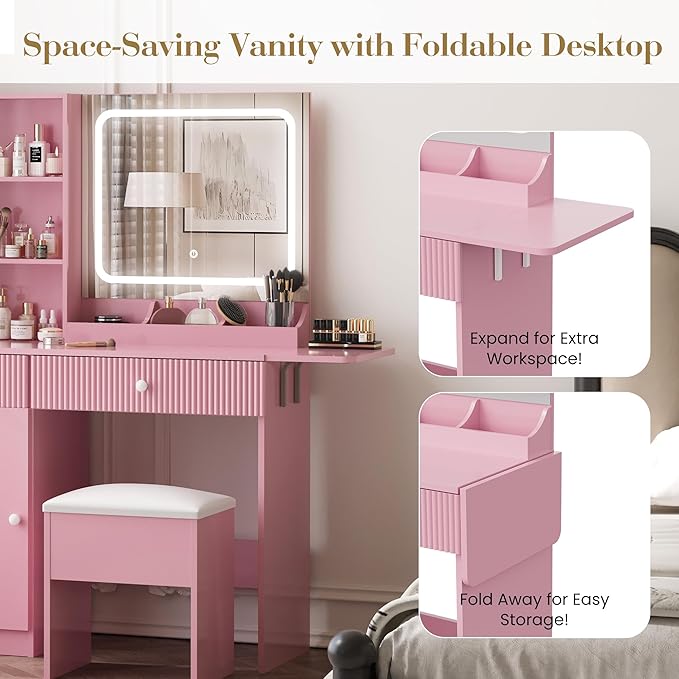 Vanity Desk with Mirror and Lights, Pink Makeup Vanity with Charging Station, Dressing Table Set with Storage Chair, Drawer Shelves, and Foldable Panel for Compact Space Bedroom, Pink