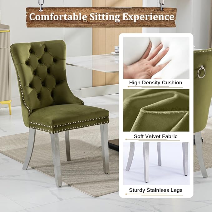 Goujxcy Glass Dining Table Set for 6, Modern Kitchen Table and Chairs Set of 6, 7-Piece Kitchen Dining Room Table Set w/61 Glass Silver Dining Table and 6 Green Velvet Upholstered Chairs