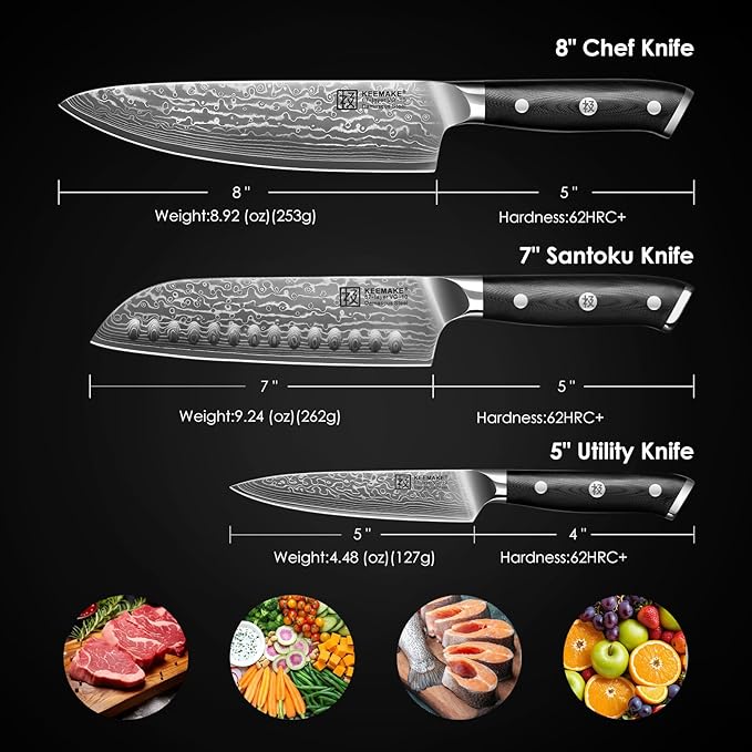 KEEMAKE Damascus Kitchen Knife Set 3 PCS, Sharp Knives Set for Kitchen, 67 Layers Damascus Chef Knives, Japanese Knife Sets with Full Tang Ergonomic Handle, Kitchen Knives for Meat Vegetable