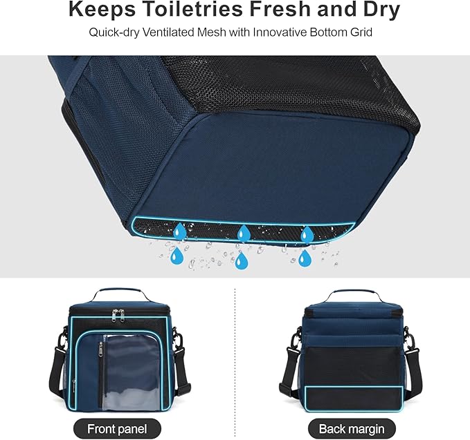 F-color Hanging Shower Caddy Portable - College Dorm Essentials for Girls Guys with Hooks, Soft Crossbody Shoulder Strap, Multiple Pockets, Quick-Dry Shower Bag for Dorm Travel Essentials, Dark Blue