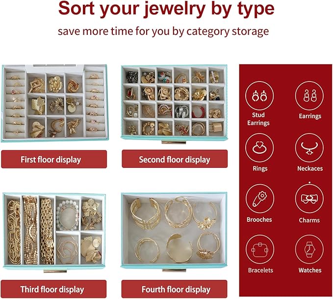 BOOVO Jewelry Boxes for Women, White and Black 4 Layer Glass Lids Jewelry Box for Necklace, Bracelet, Earrings, Rings Storage, Jewelry holder Organizer for Girls Gift (Turquoise, 4 layer)