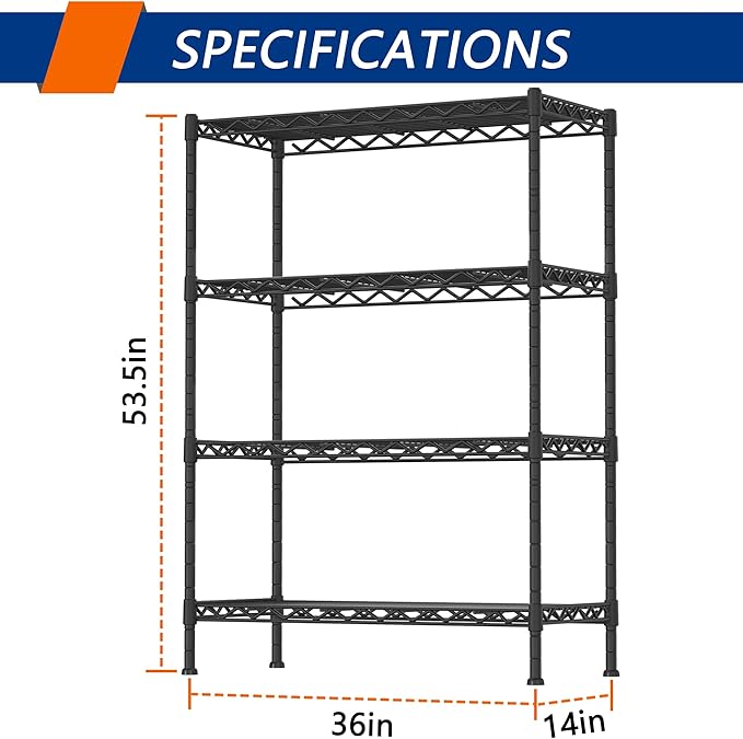 4-Shelf Adjustable Heavy Duty Storage Shelving Unit, Metal Organizer Wire Rack for Laundry Bathroom Kitchen Pantry Closet, Black