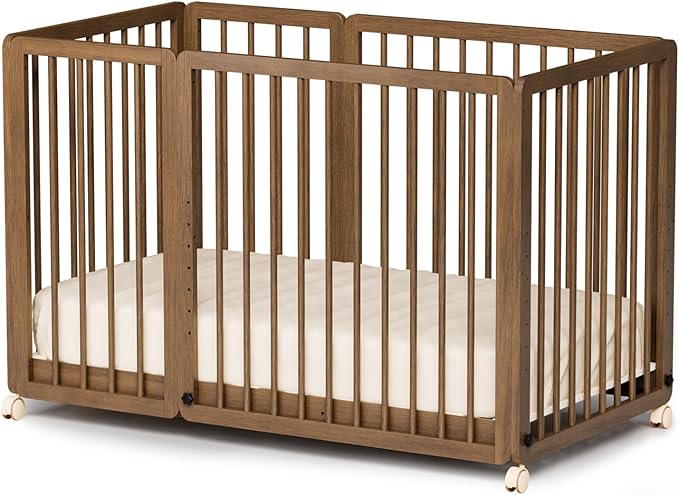 JOYMOR 8 in 1 Convertible Crib with Changer, Include 2” Mattress, Converts to Bassinet, Mid Crib, Full Size Crib, Daybed,Toddler Bed and Playard (Crib, Honey Wood)