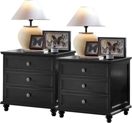 24" Wide Farmhouse Night Stand Set of 2,Large End Table with 3 Drawers & Metal Handle,Black Wood Dresser for Bedroom,Bed Side Table Chest of Drawers Cabinet,Nightstand for Living Room,Closet