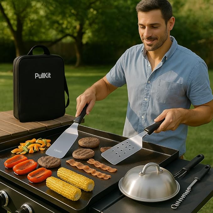 Griddle Accessories Kit for Blackstone Griddle- Stainless Steel Flat Top Grill Tools Set with Spatulas, Basting Cover & Carry Bag - Complete BBQ Cooking Kit for Outdoor, Backyard (Ideal Gift for Men)