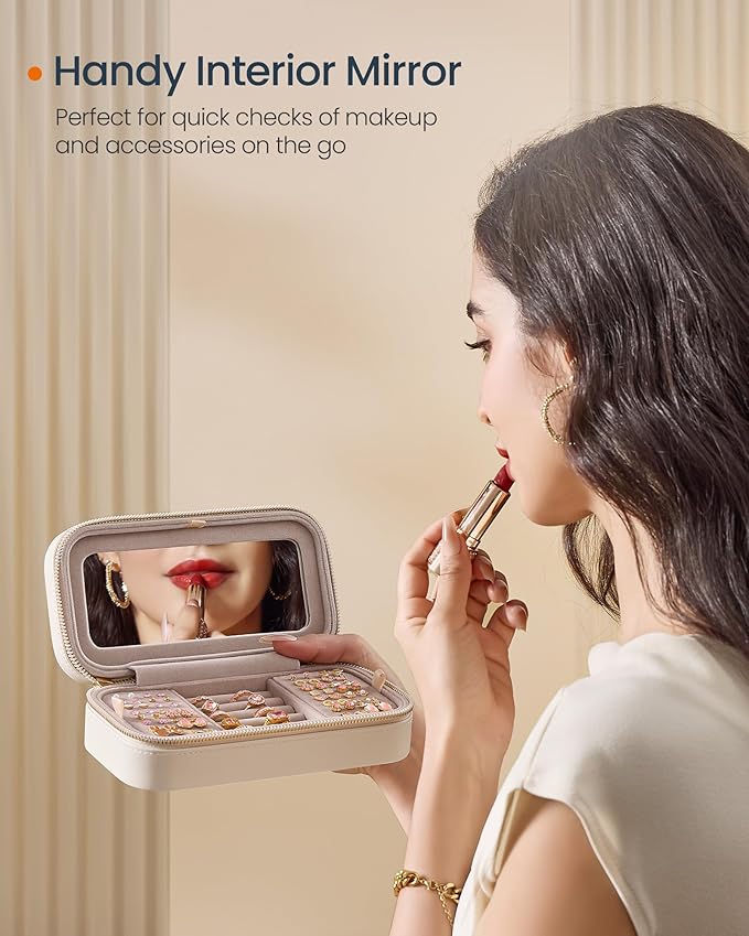 SONGMICS HOME Travel Jewelry Case, Small Jewelry Box Organizer with Mirror, 4.1 x 8 x 2.4 Inches, PU Surface with Stitching, Portable, Cloud White, ANAH Collection UJBC180W01