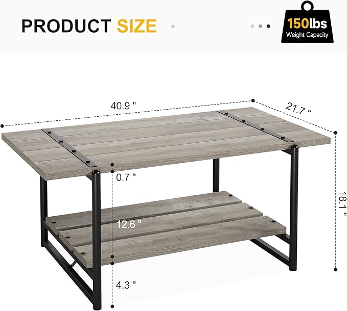 2-Tier Farmhouse 41'' Large Gray Wood Coffee Table with Storage Shelf -Modern Rustic Metal Rectangle Center Living Room Coffee Table Accent Furniture for Home Office,Easy Assembly(Grey)