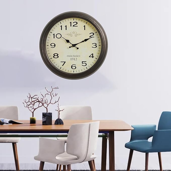 16 Inch Vintage Wall Clock, Silent Non-Ticking Quartz Battery Operated Decorative Clock for Home, Kitchen, Living Room, Dining Room, Office, Antique Brown Arabic Number