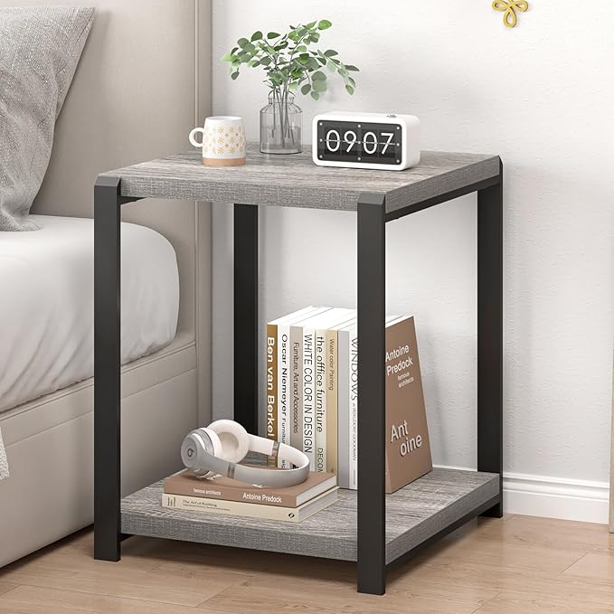 FOLUBAN Modern Side Table, Square End Table with Storage for Living Room Office, Rustic Bedside Table for Bedroom, Small Spaces, Light Grey
