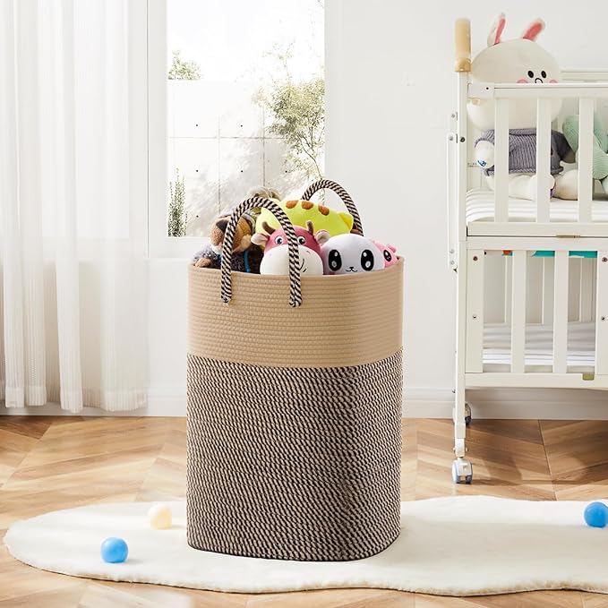 Laundry Basket,Woven Cotton Rope Laundry Hamper,Versatile Storage for Dirty Clothes,Baby Toys,and Blankets in Bathroom, Nursery,and Living Room (Jute, 40L)